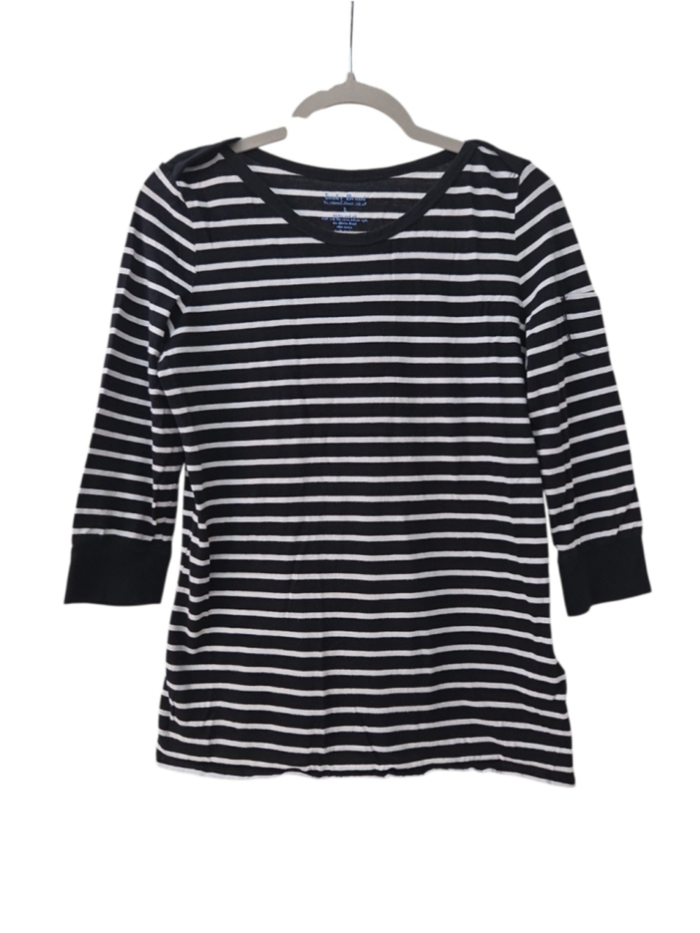 Lucky Brand Women's L Black White Stripe 3/4 Sleeve Knit Top